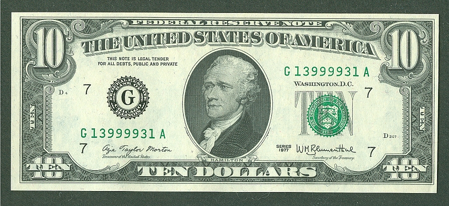 RADAR Note 13999931, 1977 $10 Federal Reserve Note, vChCU